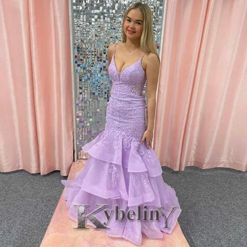 

Kybeliny Purple Mermaid Evening Dresses V-Neck Tiered Prom Robe De Soiree Graduation Celebrity Vestidos Fiesta Women Formal