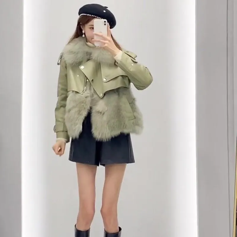 2022 Winter Women's Warm Thick Coat Luxury Lady Graceful Faux Fur Jacket Korean Fashion PU Leather Patchwork Outerwear Female