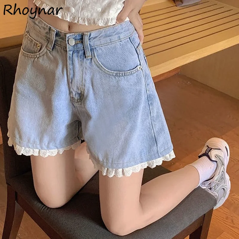 

Denim Shorts Women Summer XS-3XL Pure Simple Patchwork Korean Style Preppy Look Cozy Casual Prevalent Basic Lace New Young Cozy