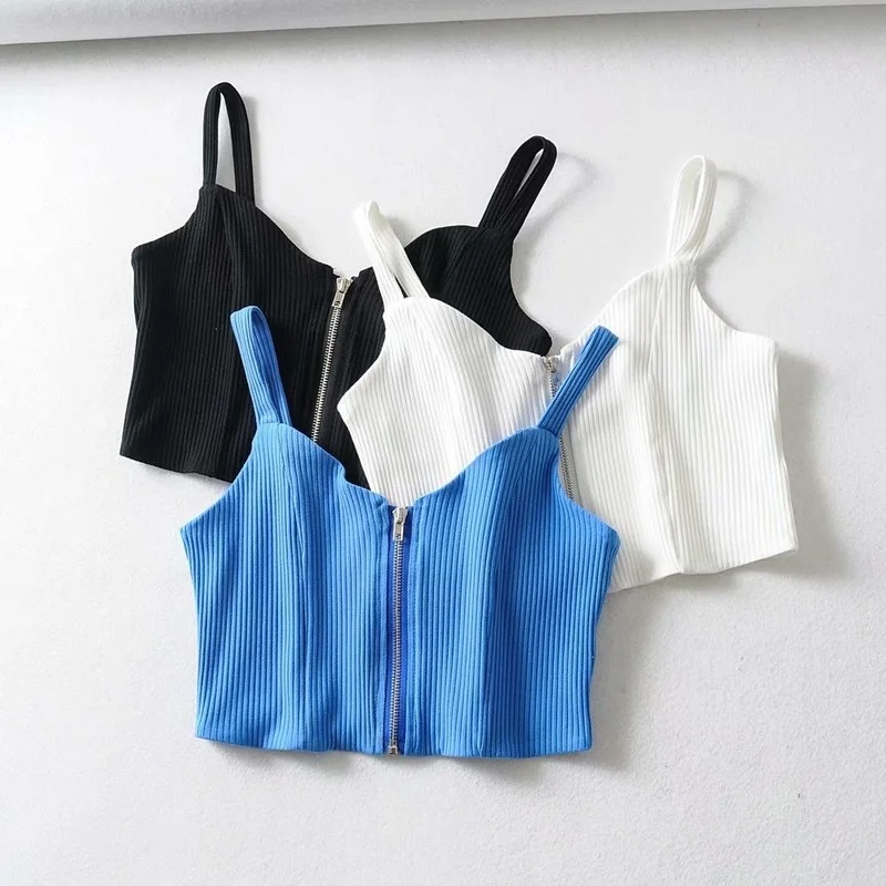 

Sexy Slim Crop Tops Women Summer Solid Color Backless Y2k Camis Tank Tops Deep V-neck Zipper Knitted Spaghetti Strap Bottom Vest