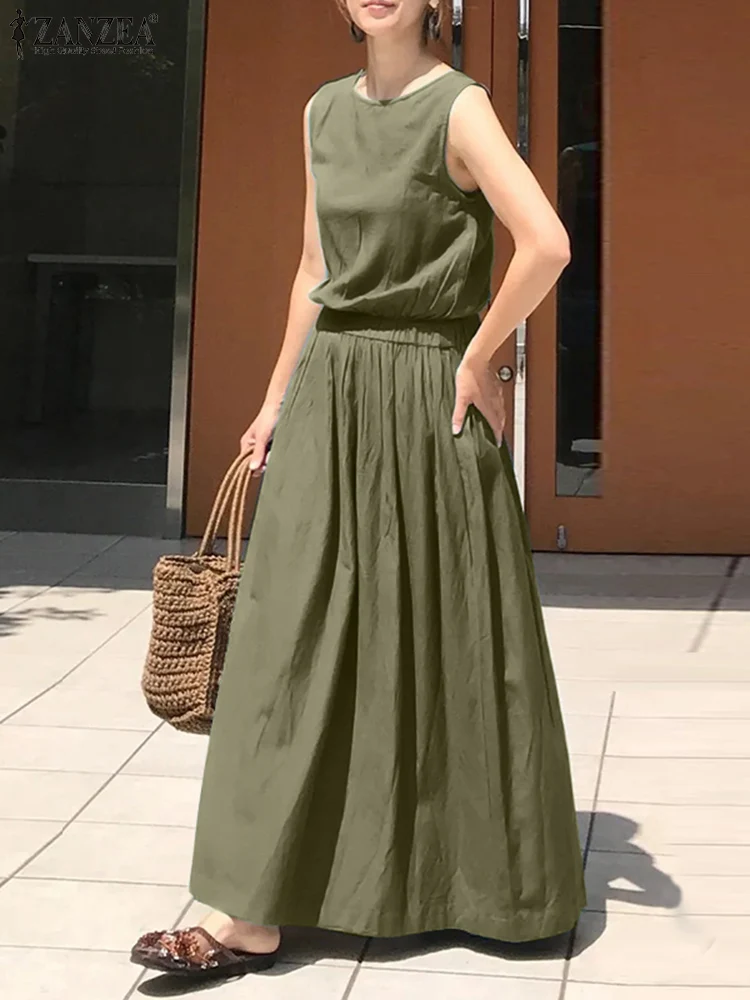 

ZANZEA Crew Neck Button Sleeveless Elastic Sundress Women Summer Solid Dress Bohemian Elegant Holiday Oversized Loose Beach Robe