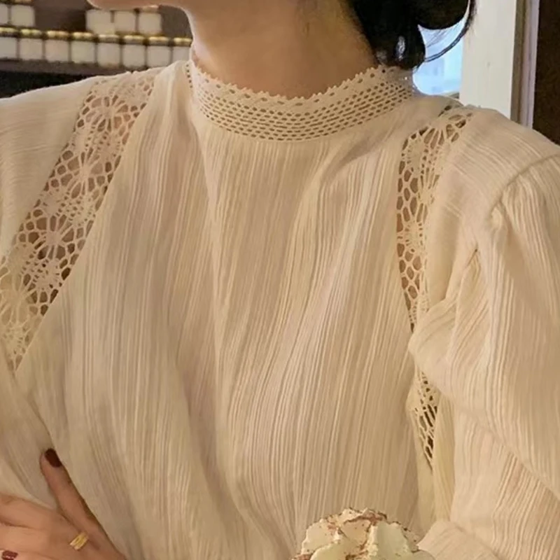 

Summer Casual Stand Collar Hollow Out Lace Blouse Elegant Long Sleeve Shirt Ladies Loose Simple Short Tops Blusas De Mujer 27343