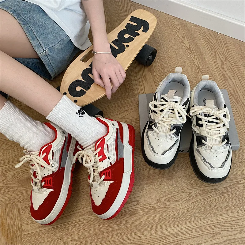 

Кроссовки женские на платформе, Вулканизированная массивная подошва, спортивная обувь, на шнуровке, красные, весна-осень