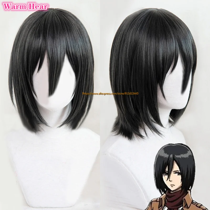 Mikasa Ackerman Black 35cm Short Bob Cosplay Wig Anime Attack on Titan Heat Resistant Cosplay Hair Wig + Wig Cap