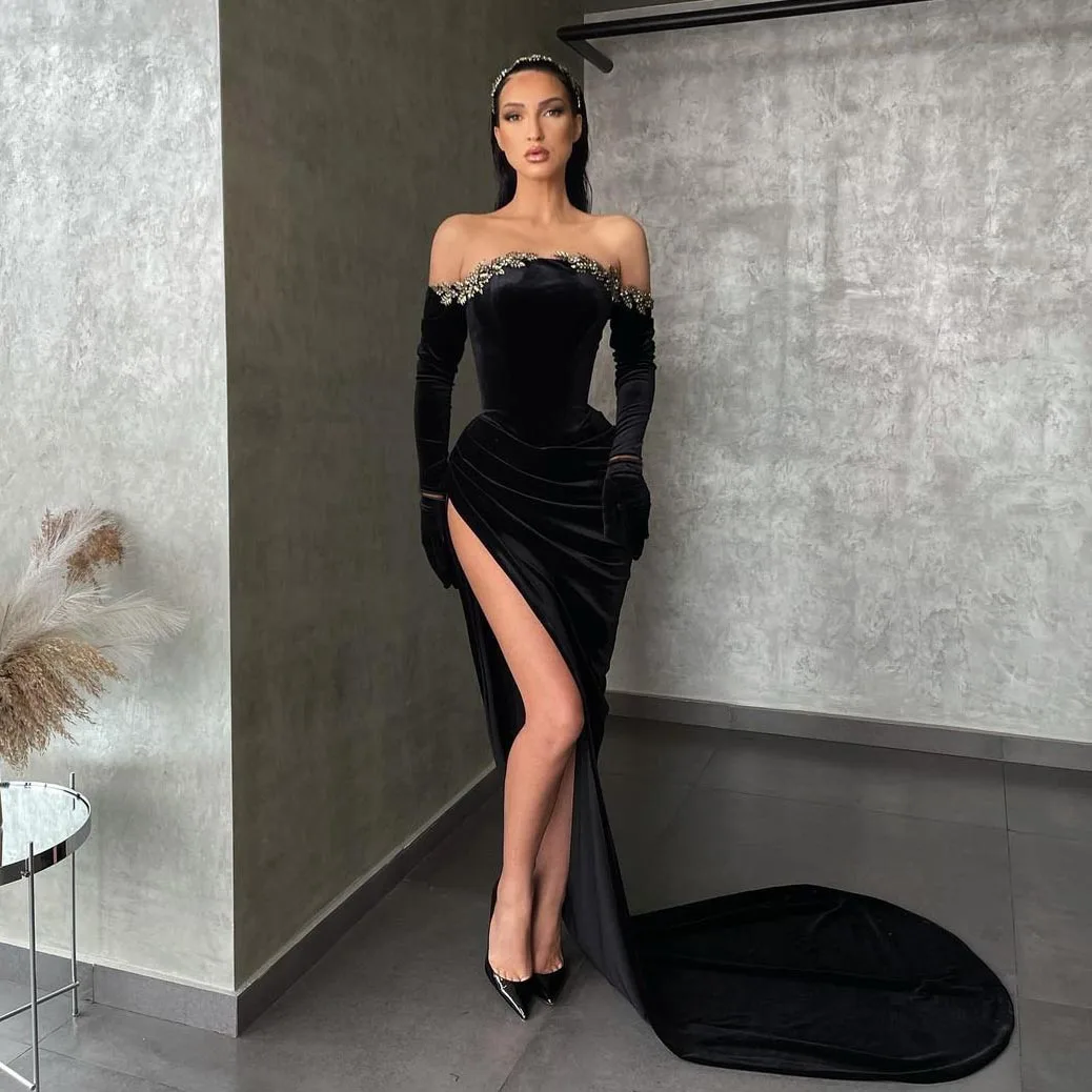 

Elegant Off Shoulder Split Black Prom Dresses Velour Mermaid Long Prom Gowns Delicate Appliques Long Party Dress