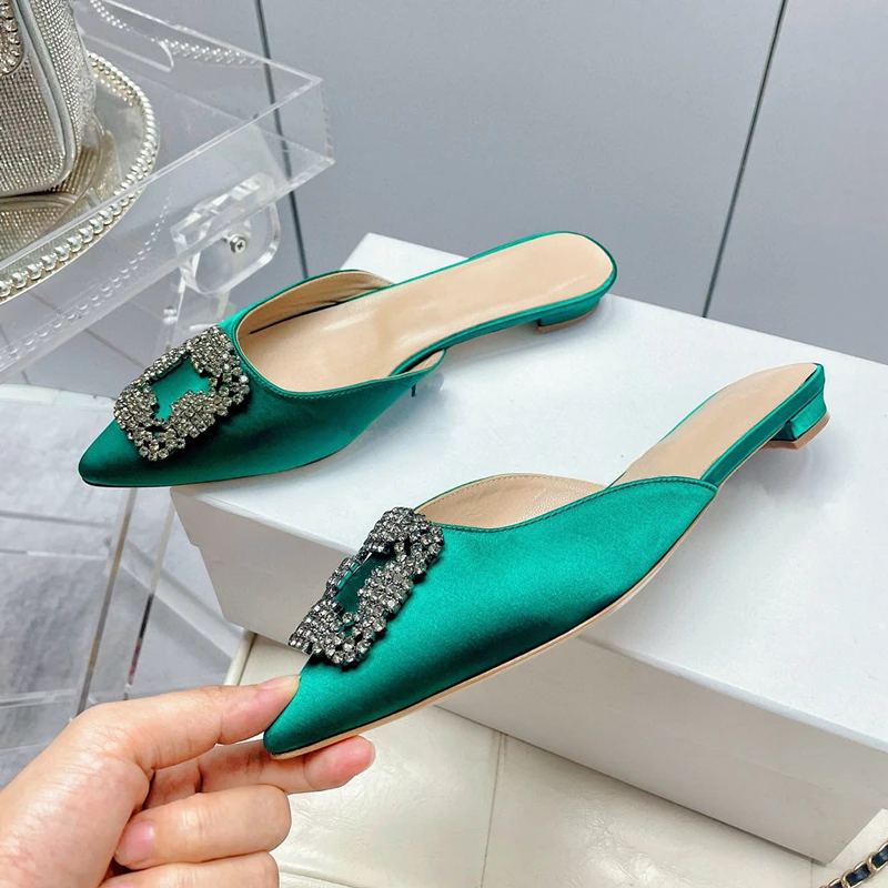 European and American women's new high heels satin rhinestone buckle fashion slippers