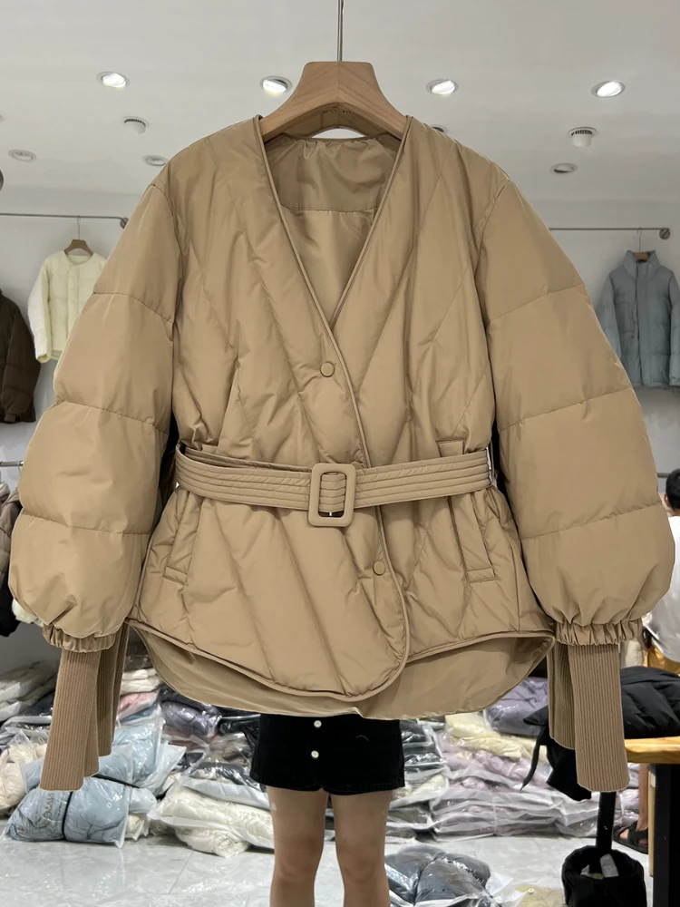 

Fitaylor/новое осенне-зимнее пальто на 90% белом утином пуху, женское модное однобортное теплое короткое пуховое пальто на шнуровке с v-образным вырезом