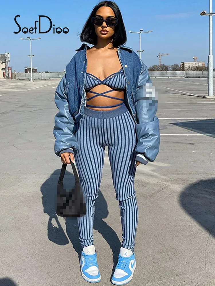 

Soefdioo Stripe Blue Bandage Bikini Tops and Pencil Pants Two Piece Set Women Clothing Summer 2022 Club Outfits Sexy Streetwear