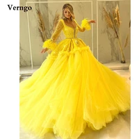 verngo bright yellow sparkly prom dresses sweetheart long sleeves feather tulle tiered evening gowns luxury pageant party dress