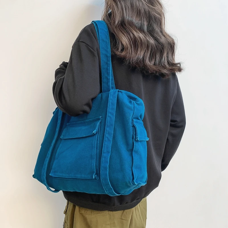 

Unisex Large Capacity Canvas Multiple Pockets Tote Reusable Grocery Shopper Handbag Bags Female Cotton Cloth Shoulder Travel Bag
