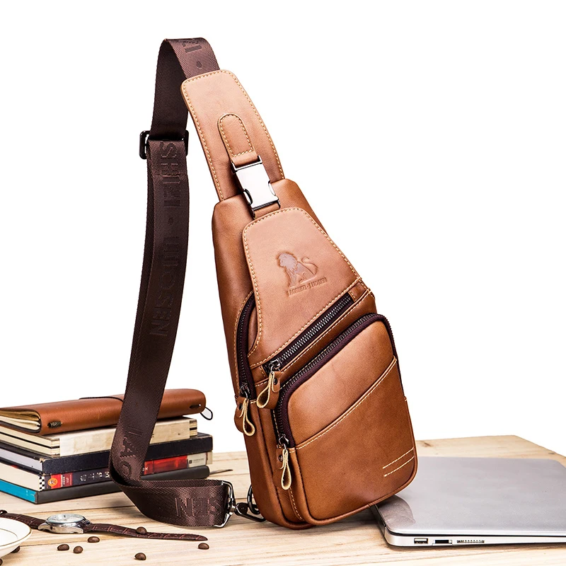 LAOSHIZI Мужская кожаная нагрудная сумка повседневная сумка-тоут с