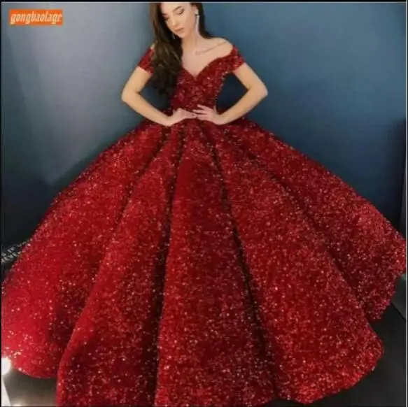 Блестящее Пышное Бальное Платье ярко-синего цвета 2021 с открытыми плечами