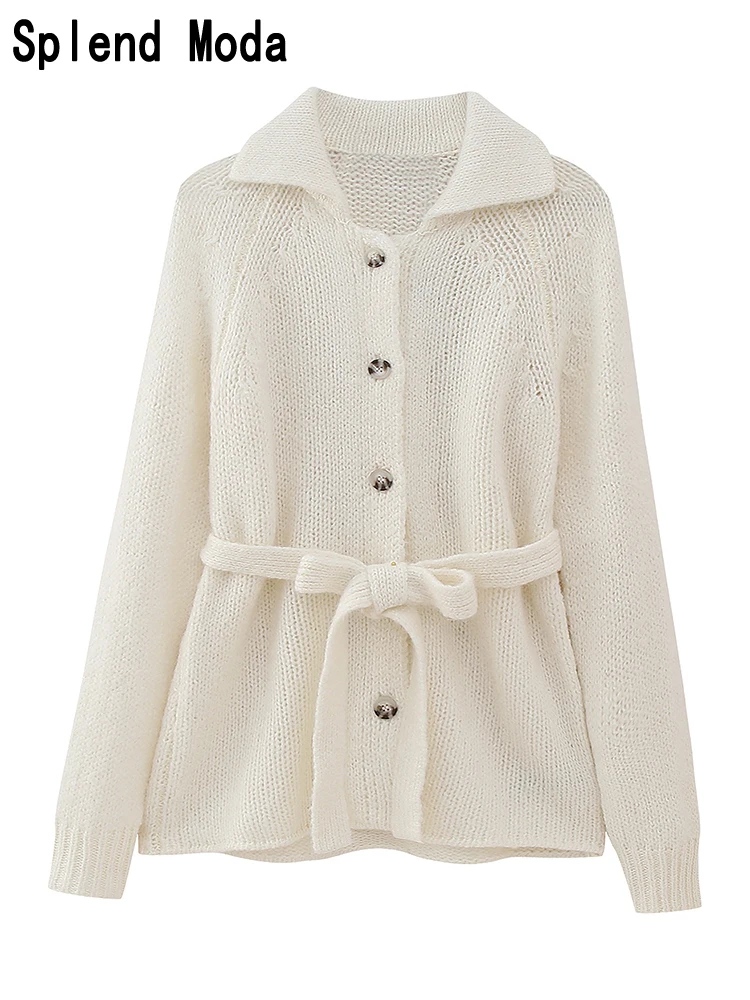 

2023 Women Autumn Fashion Office Lady Style Long Sleeve Knitted Cardigan Chic Sashes Sweater Casual Square Collar Knitcoat TRAF