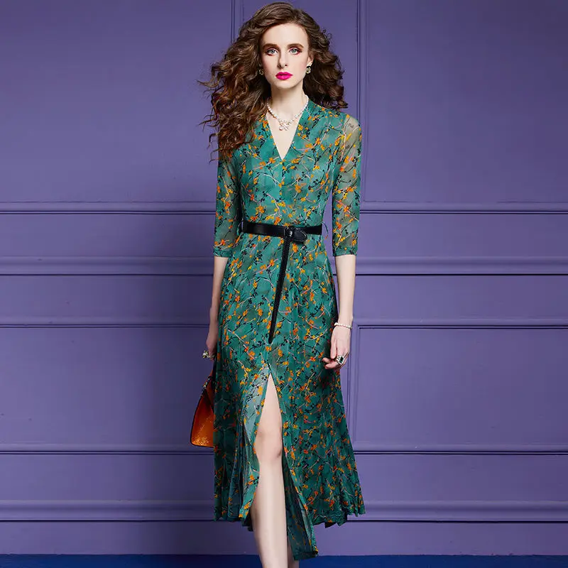 

Женское шифоновое платье-макси с высоким разрезом и V-образным вырезом