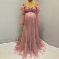 Blush Pink Tulle Maternity Dresses Baby Shower Pleat Pearls Pink Tulle Dress Full Sleeve Gowns for Photoshoot