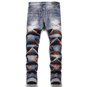 EH·MD Orange Splash Ink Jeans Men's Star Embroidery Patch 3D Printing Soft Casual Cotton Trend Youth Distress Extension Stretch 2