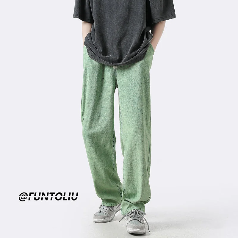 Green/Blue/Black/Pink Baggy Jeans Men Fashion Casual Wide Leg Jeans Mens Streetwear Loose Hip Hop Straight Denim Trousers Men