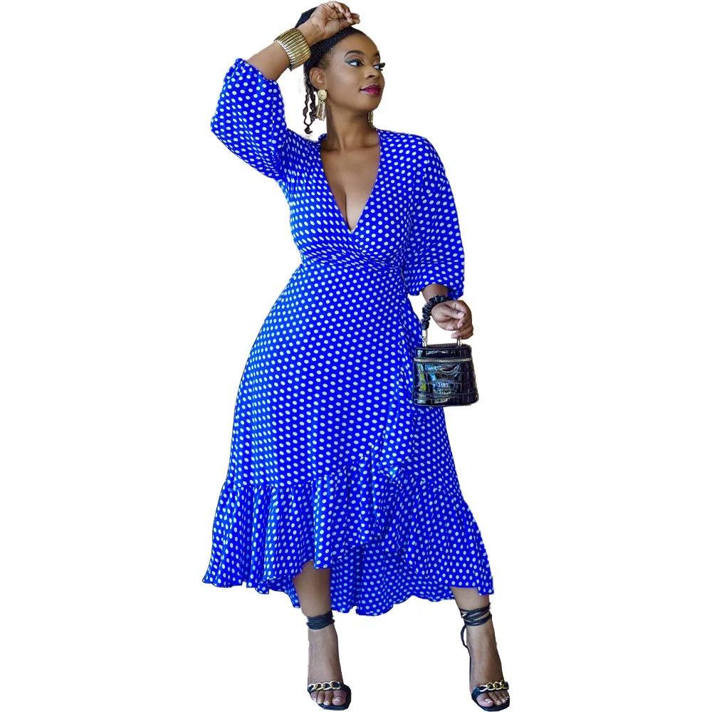 

Large Size Long Sleeved African Dress Sexy V Neck Red Long Dress Casual Loose African Women's Spring Blue Elegant Party Dress XL