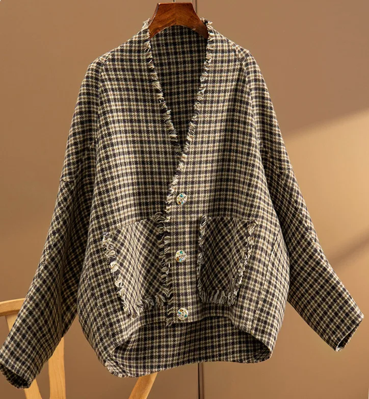 

SuperAen 2022 New Autumn Winter Women Plaid Loose V Neck Jacket Women Wool Jacket Coat