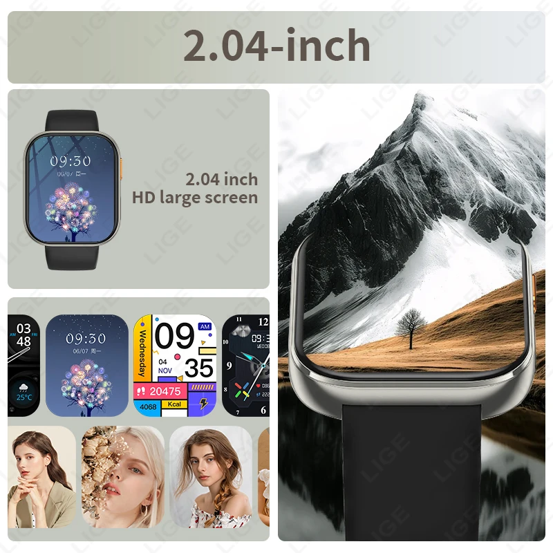 LIGE 2025 1000 мАч Аккумулятор Мужчины Женщины Смарт-часы 2.04 HD Большой экран Фонарик Частота слуха Bluetooth Вызов Смарт-часы 100+ Спорт (art.: 3920d38c57608) - 3920d38c57608