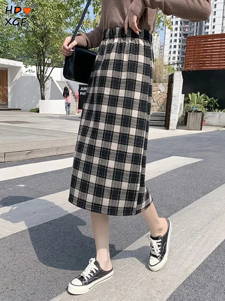 Korean Fashion Woole Plaid Split Midi Skirts For Women Autumn Winter Elastic High Waist Bag Hip Skirt Office Lady Elegant Skirts
