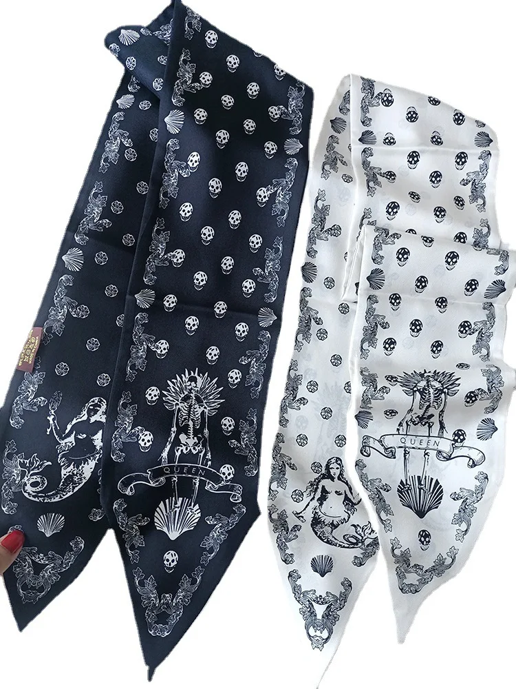 Buy New Arrival Ghost Skull Head Silk Twill Double Layer Simple Handsome Black White Narrow Strip Scarf Ribbon Fashion BD18