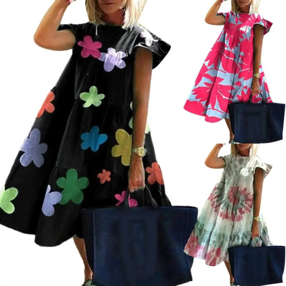 

Women Casual Summer O Neck Short Sleeve Floral Print Large Hem A Line Dress 2020