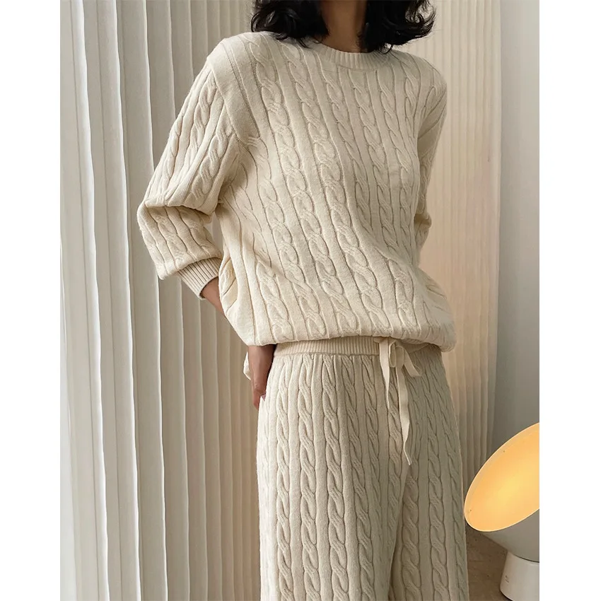 Cozy Knitting Pants Set For Women Autumn Winter Chic Twisted Pattern Long Sleeve Pullover Sweater + Wide Leg Pants Lady Knitwear