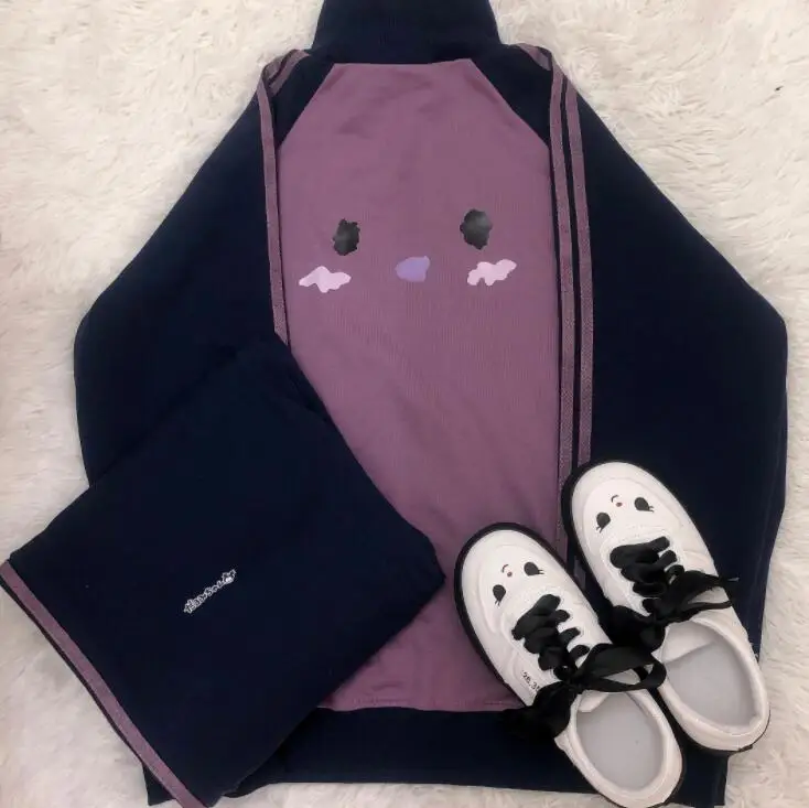 

Original Design Cute Girl Women Purple Black Patchwork Spring Autumn Sports Set Long Sleeve Zipper Jacket & Trousers Pants