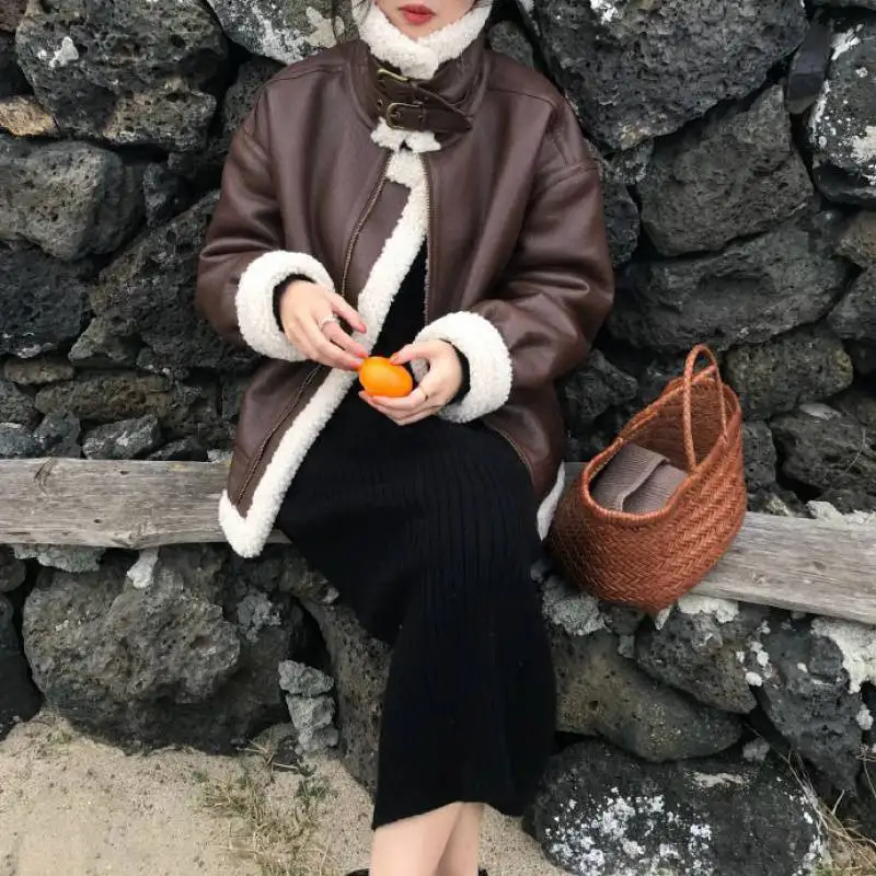 2022 Faux Fur Coat Fall Winter Jacket for Women Loose Warm Lambswool Thicken Locomotive Lapel Female Coat PU Outerwear