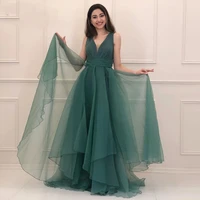 summer green simple chiffon prom dress a line deep v neck tiered elegant evening party gowns backless floor length women dresses