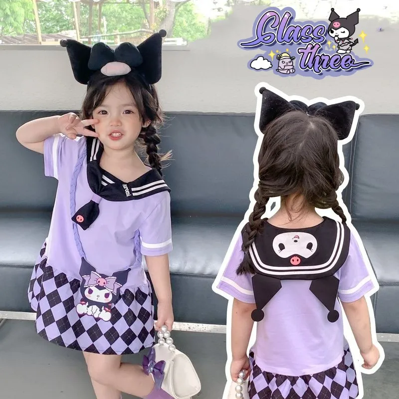 

Japanese Kuromi Girls Dress Anime Cartoon Color Matching Casual Dress Comfortable Cotton Lapel Short Sleeve Dress Children Gift