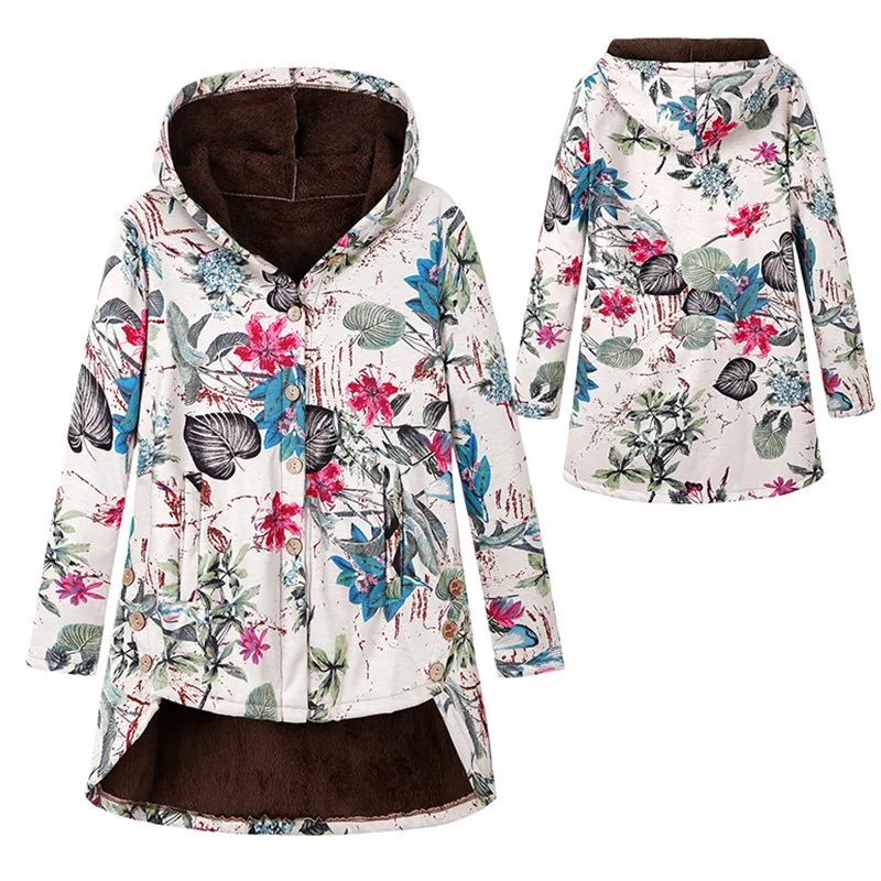 Vintage Women Jackets for Women Winter Soft Flannel Parkas Bohemian Sleeve Button Parka Ladies Hood Jacket Green Asymmetry LM30