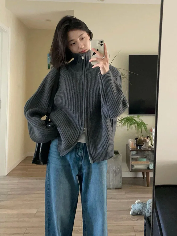 Женский базовый Серый кардиган свитер с полувысоким воротником мягкий вязаный