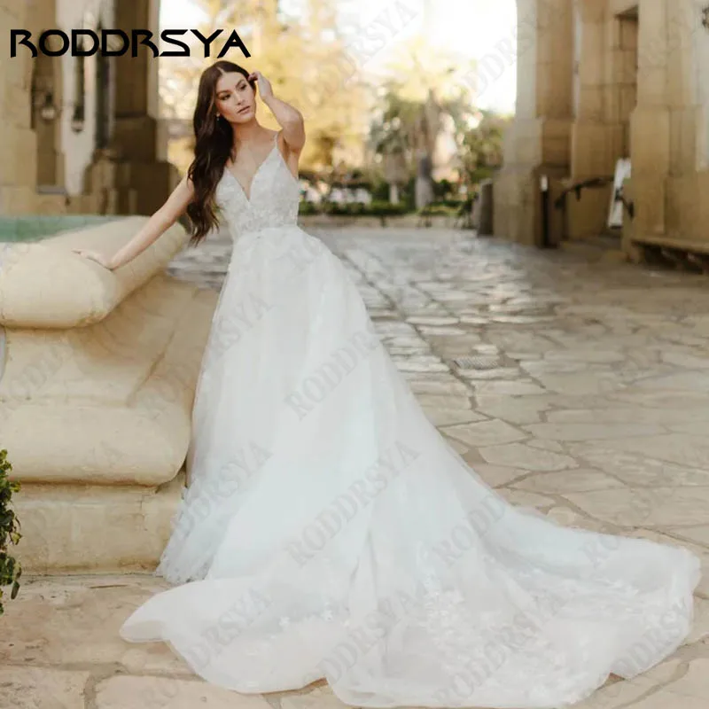 

Элегантное кружевное платье RODDRSYA с аппликацией для невесты, женское свадебное платье в стиле бохо с V-образным вырезом и открытой спиной, Тюлевое ТРАПЕЦИЕВИДНОЕ платье без рукавов Элегантный кружева аппликации неве