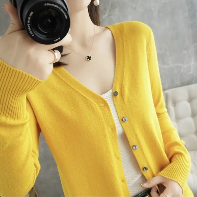 

Новинка весна-осень 2022, женские тонкие пальто с длинным рукавом, Женский Однотонный свитер, верхняя одежда, Женский Свободный вязаный карди...