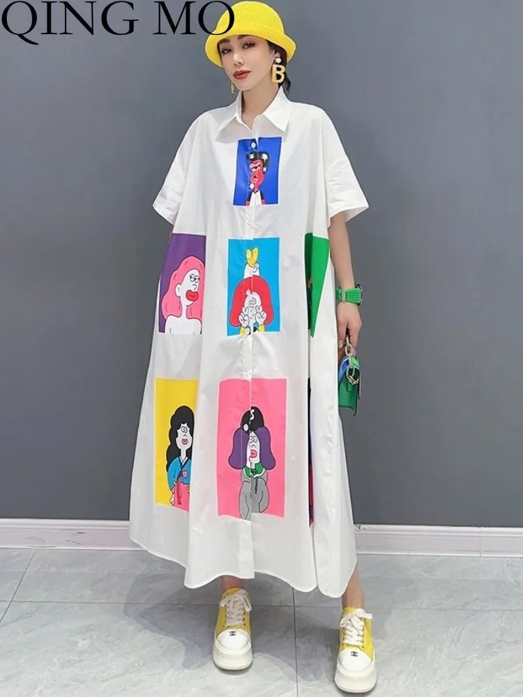 

QING MO 2023 Summer New Korean Style POLO Collar Printed Shirt Dress Women Show Slim Fashion Black White Dress ZXF2978