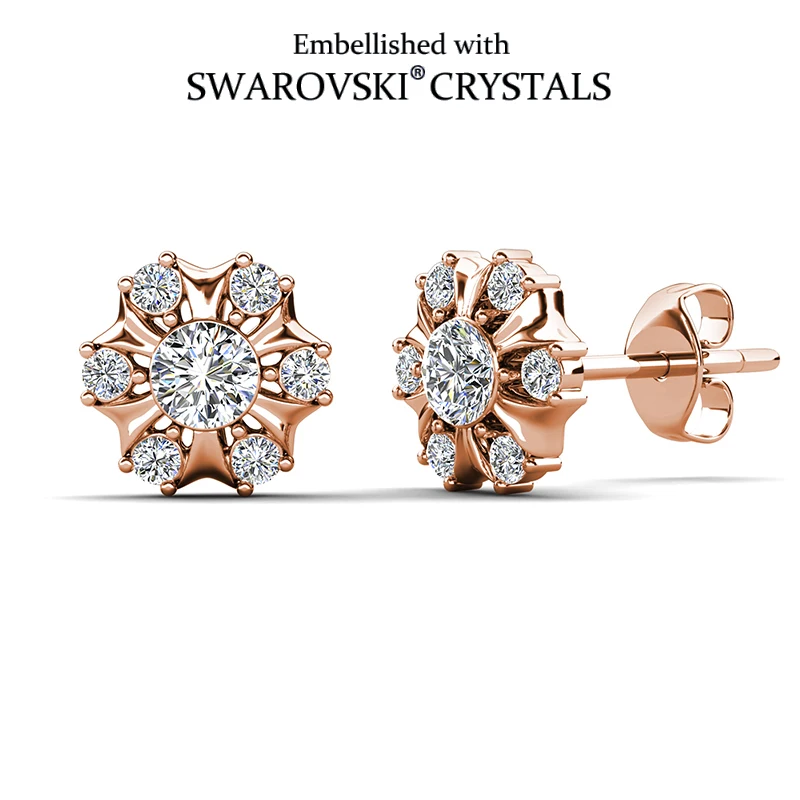 Фото Daisini Серьги-гвоздики с цветочным принтом из латуни, украшенные кристаллами Swarovski, розовое золото, дизайн со сверкающими кристаллами №1