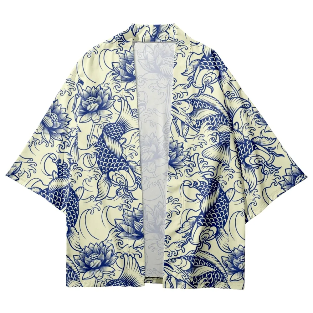 Топы с принтом кои Harajuku Haori Yukata Chinoiserie модное японское кимоно уличная одежда