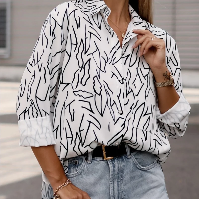 

2023 Autumn Fashion Print Long Sleeve Shirt Office Lady Elegant Turn Down Collar Blouse Pocket Single Breasted Tops Blusas 27961