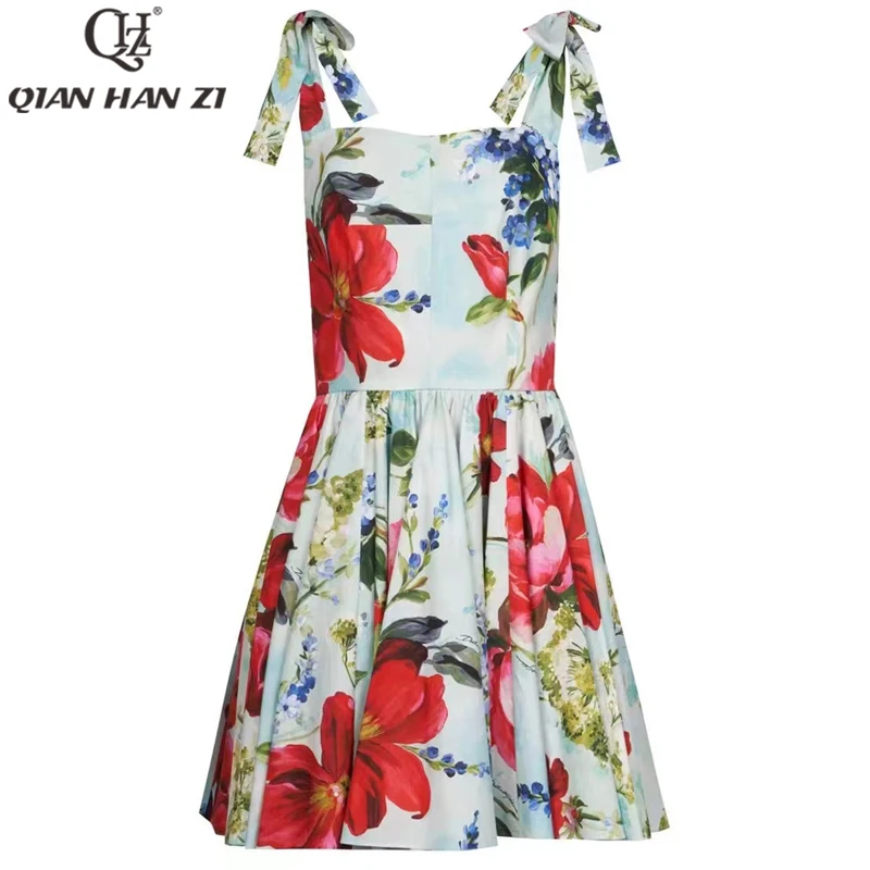 

Qian Han Zi Summer Designer Fashion Runway Cotton Dress vintage floral print vintage dress Women's Spaghetti Strap