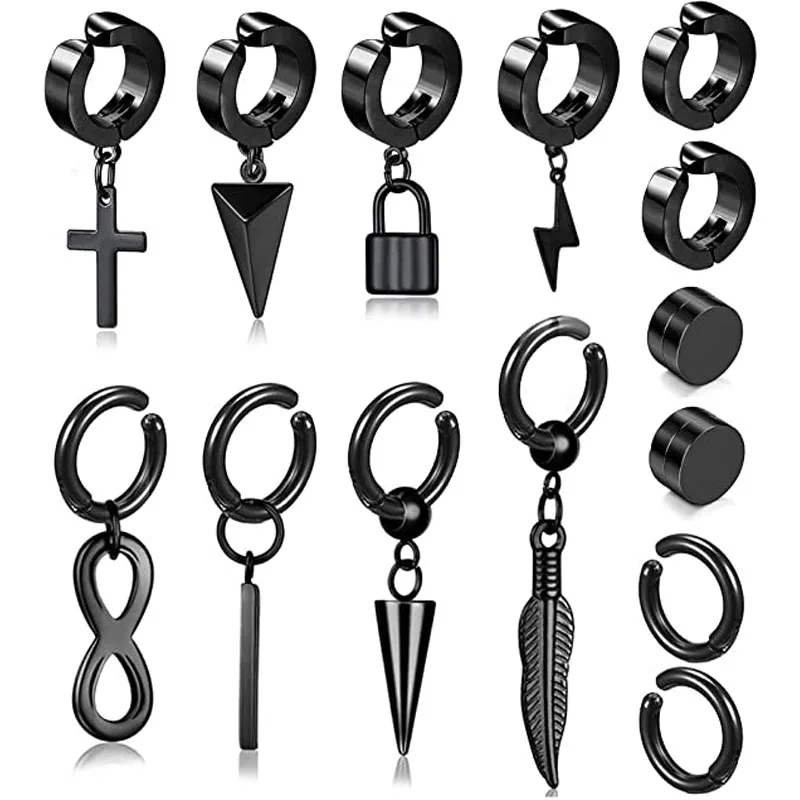 

14 Pcs Men's Clip-on Earrings Stainless Steel Fake Cross Pendant Earrings Black Clip-on Fake Earrings Set