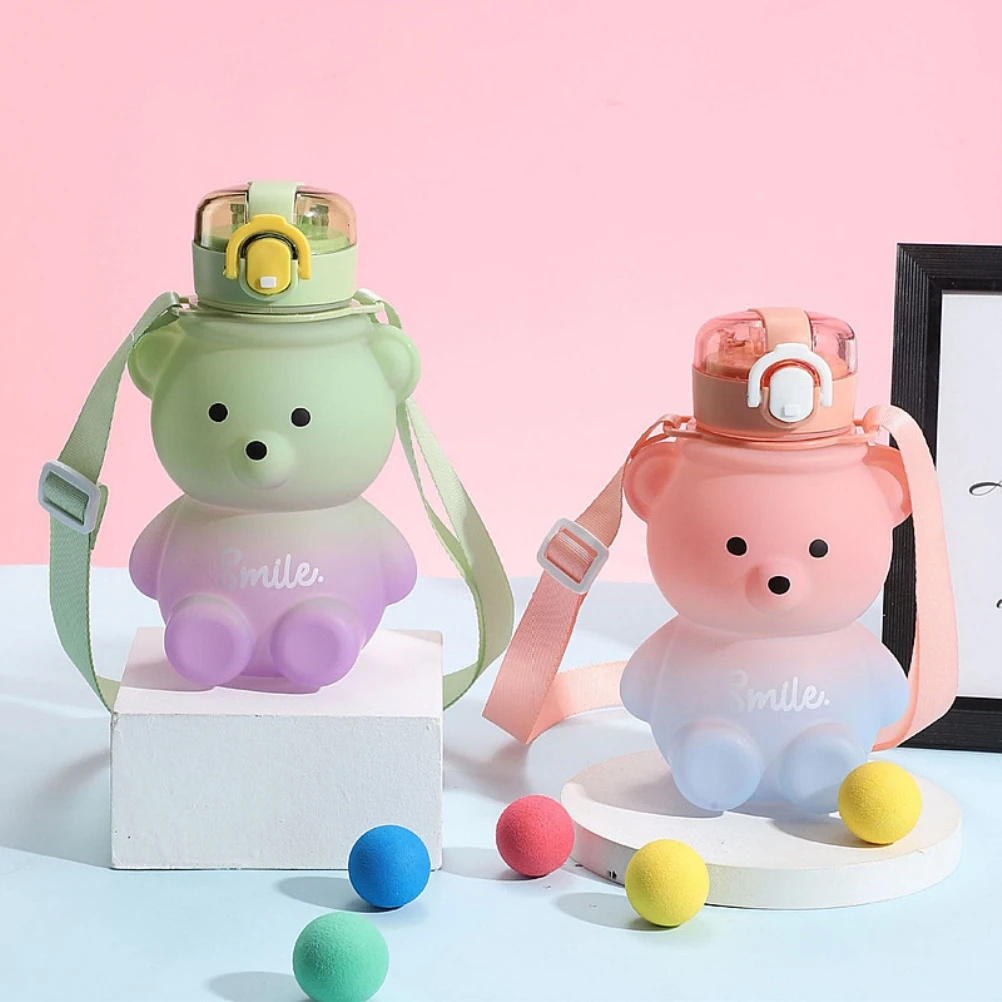 

Cute Bear Straw Bottle Gradient Water Bottle Portable Water Jug for Kids Girls School Office Travel