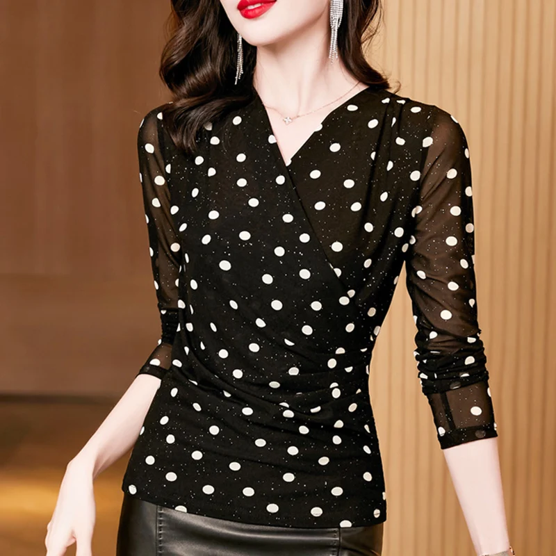 

New 2022 Autumn Winter Women's T-Shirt Fashion Sexy V-neck Cross Black And White Polka Dot Long Sleeve Mesh Tops