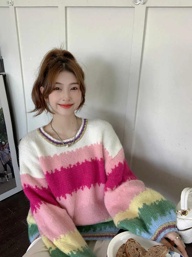 Женский свитер в радужную полоску Y2k Осенний Модный пуловер Корейском стиле с