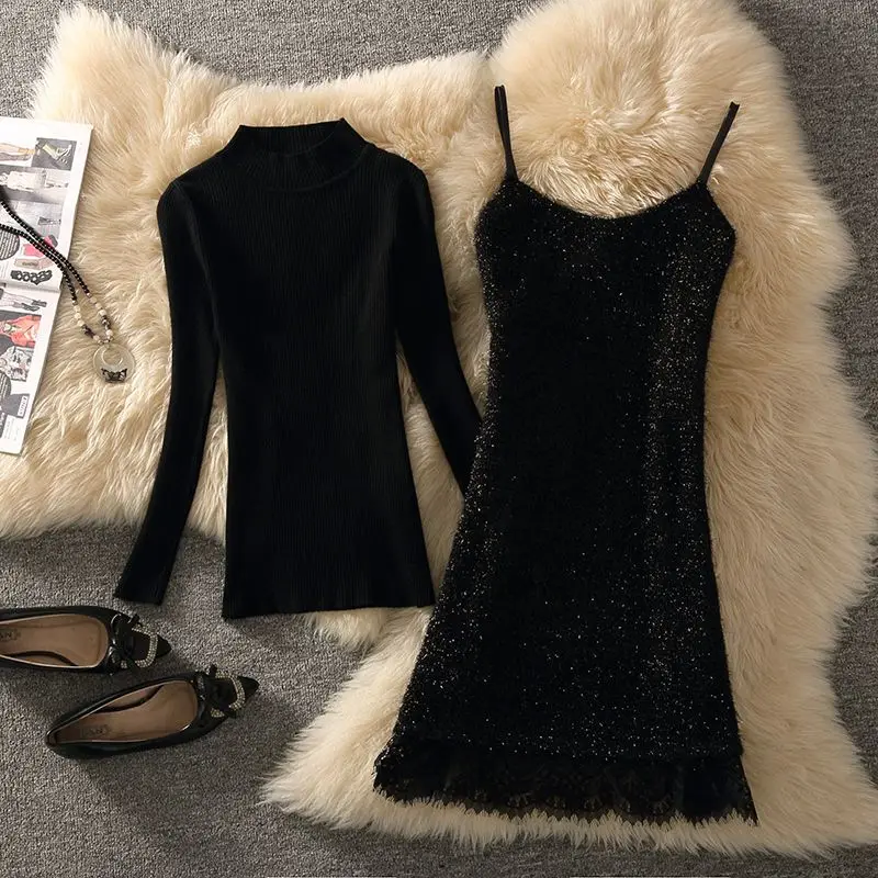 

Women Japanes Y2K Suit Knit Sweater Top And Sequin Lace Dress Two Piece Set Elegant Prom Party Outfit Winter Autumn Clothes 2023