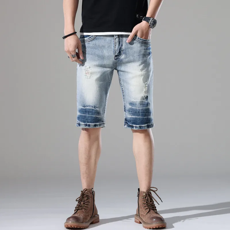 

Men's Fashion Vintage Ripped Short Jeans Wahsed Blue Retro Distressed Denim Shorts For Male Summer Cowboy Bottoms