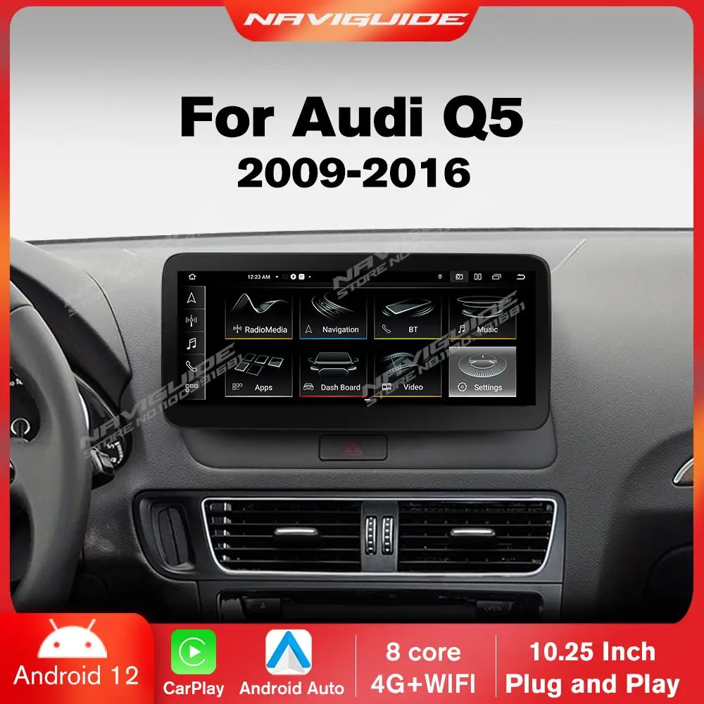 

NAVIGUIDE 10.25'' Android 12 Car Radio For Audi Q5 LHD 2009-2016 GPS Navi Multimedia Player Carplay Touch Screen Bluetooth WiFi