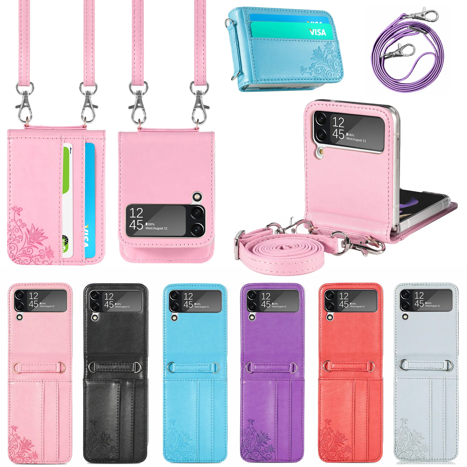 Leather Card Lanyard Crossbody Case for Samsung Galaxy Z Flip 3 4 Flip3 5G Anti-Scratch Protective Phone Cover