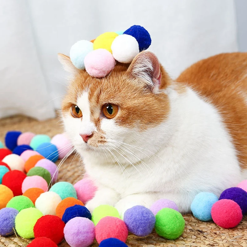 Funny Cat Interactive Training Toy Pompons Colorful Fluffy Plush Ball DIY Pom Pom Ball Cat Toys for Cats Molar Pet Products